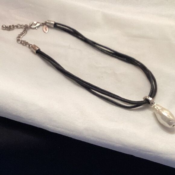 Black Faux Leather 3 Strand Necklace with Faux Pearl Enhancer - Picture 6 of 8